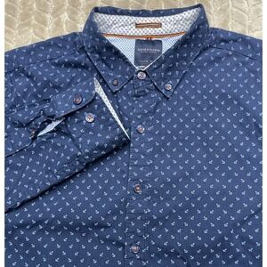 Denim & Flower Men's Medium Slim Fit Flip Cuff Anchors‎ Navy Blue Long Sleeve